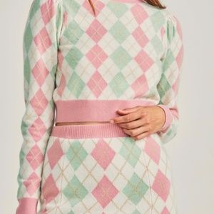 NEW LOVE SHACK FANCY MARSEILLE PINK & GREEN ARGYLE CASHMERE MIX MINI SKIRT SZ XS